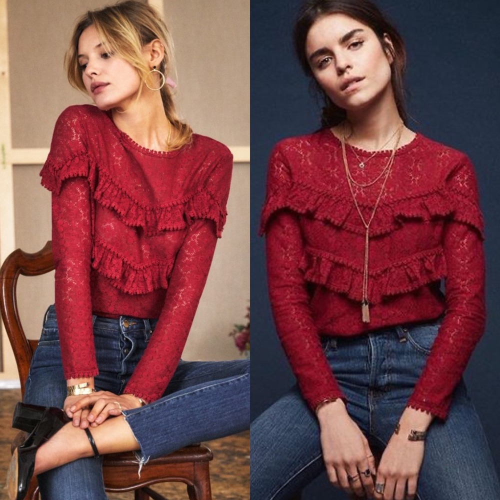 Sézane Nion Red Lace Ruffle Blouse Top Womens Size 36 French US 4 Romantic Boho
